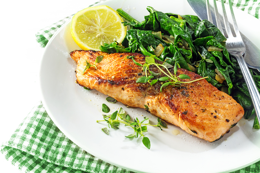 Grilled Salmon With Thyme, Lemon And Spinach,