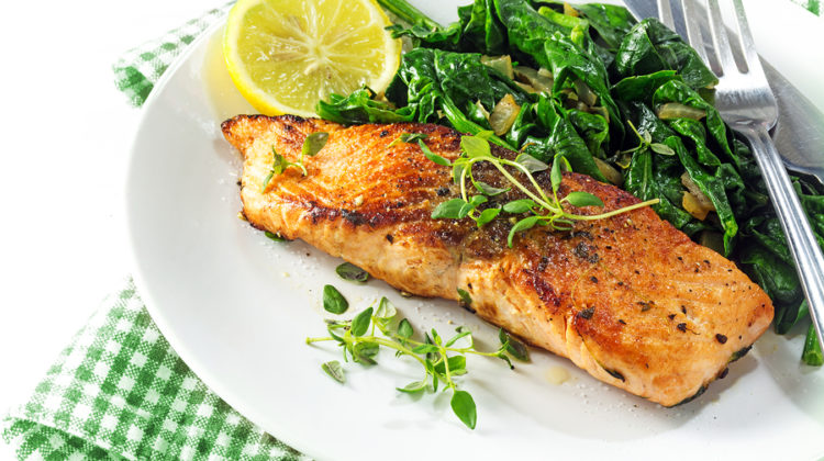 Grilled Salmon With Thyme, Lemon And Spinach,