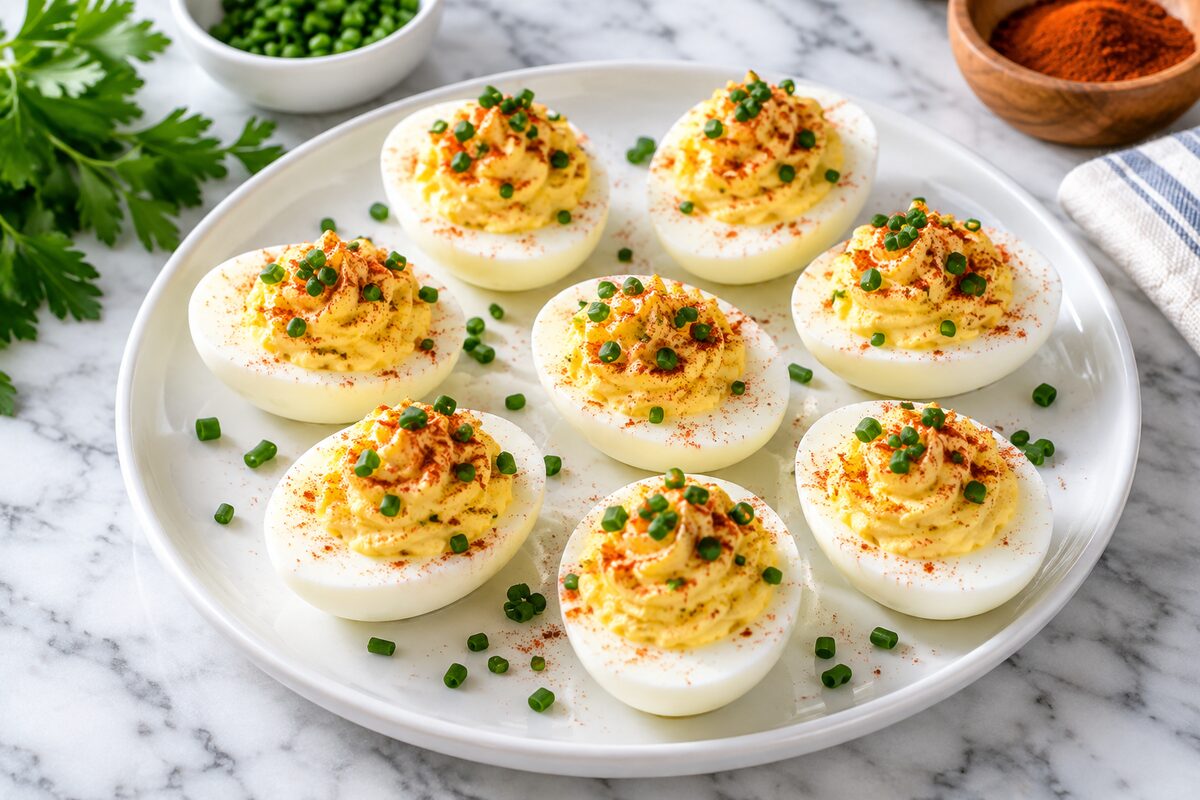Deviled eggs topped with paprika and chives