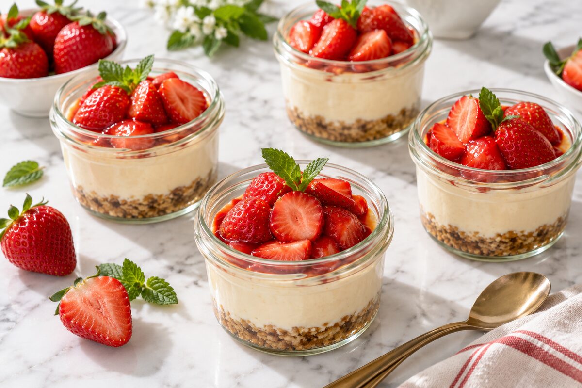 Keto cheesecake cups topped with strawberries