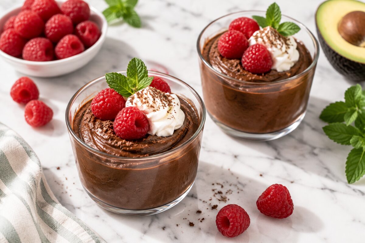 Chocolate avocado mousse with raspberries and whipped cream