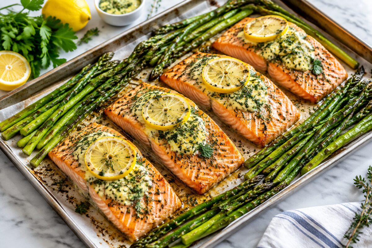 Baked salmon with herb butter, lemon and asparagus