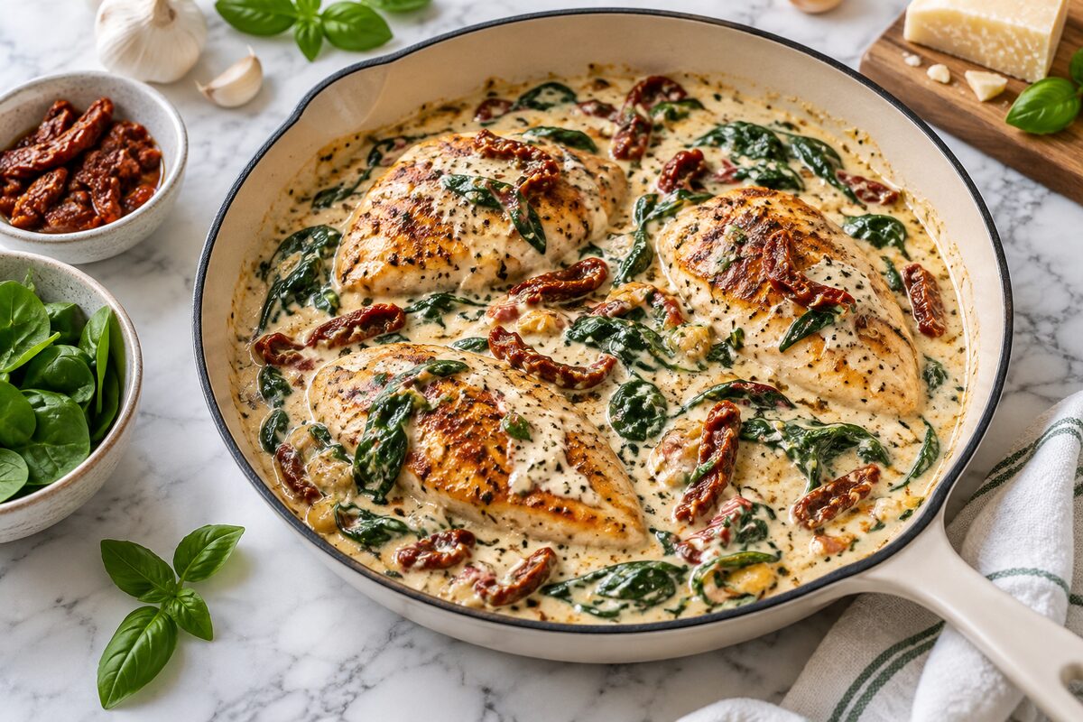 Creamy Tuscan-style chicken with spinach and sun-dried tomatoes