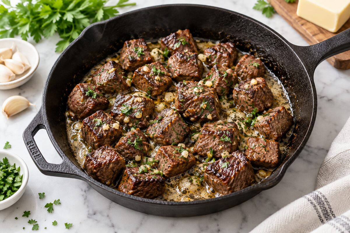 Garlic butter steak bites in a cast iron skillet