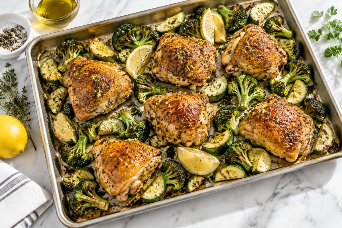 Sheet-pan chicken thighs with roasted broccoli and zucchini