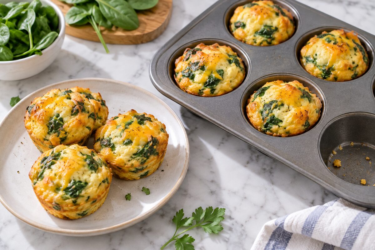 Cheesy spinach egg muffins in a muffin tin